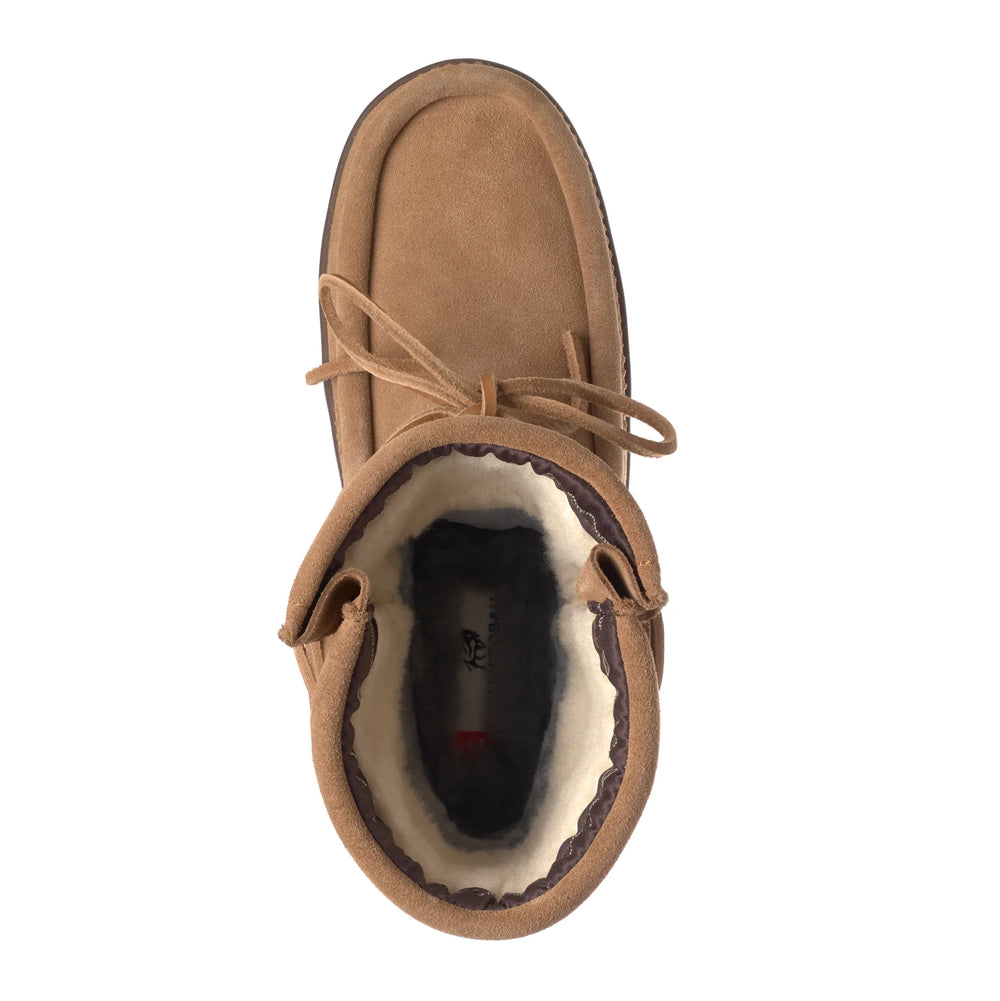 Top view of oak suede shoe with visible laces and a soft, white furry lining. 