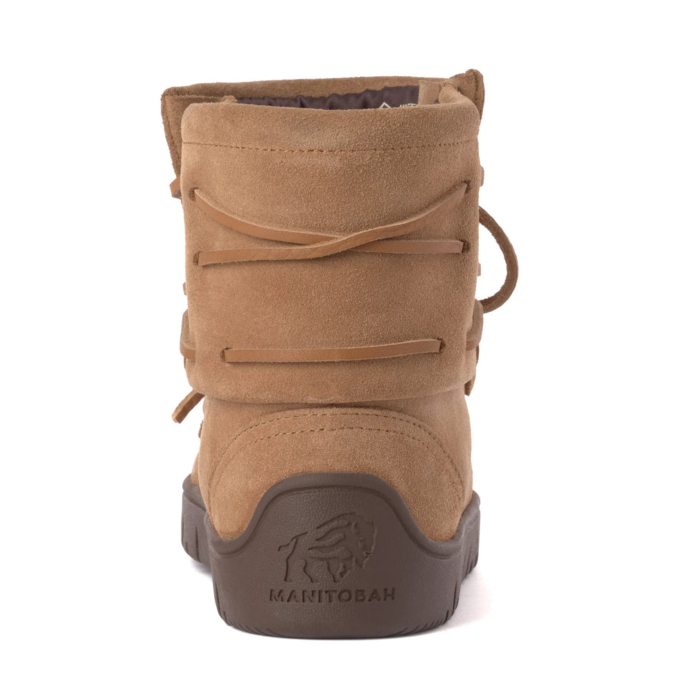 Oak suede boot viewed from the back, featuring a dark brown sole with "MANITOBAH" logo.