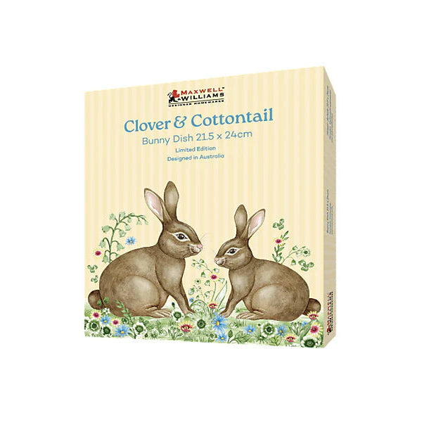 Box for 'Clover & Cottontail' bunny dish with illustrations of rabbits and flowers on a white background.