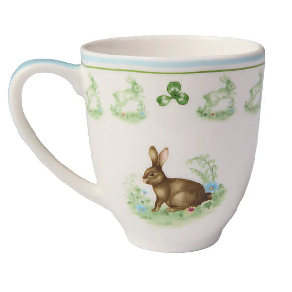 White mug with a rabbit design on a white background