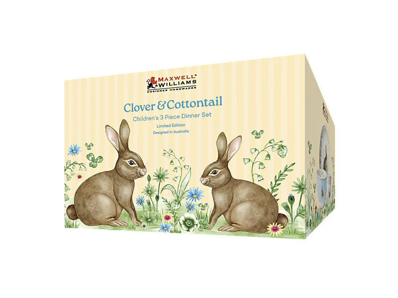 Maxwell & Williams children's dinner set packaging with rabbit illustrations on a white background