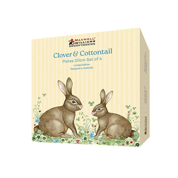 Box of Maxwell & Williams plates featuring illustrations of rabbits on a white background
