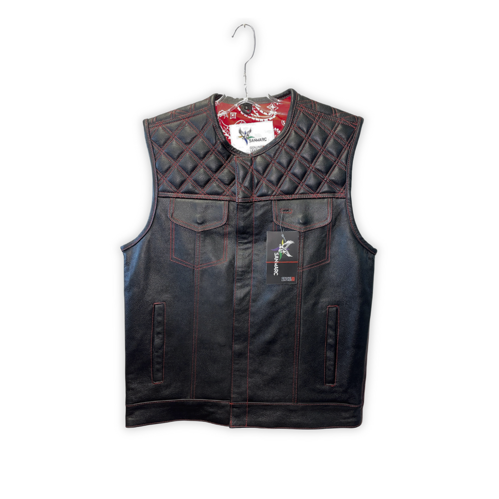 Men's Black Motorcycle Vest w/ Red Stitching (S-1881)