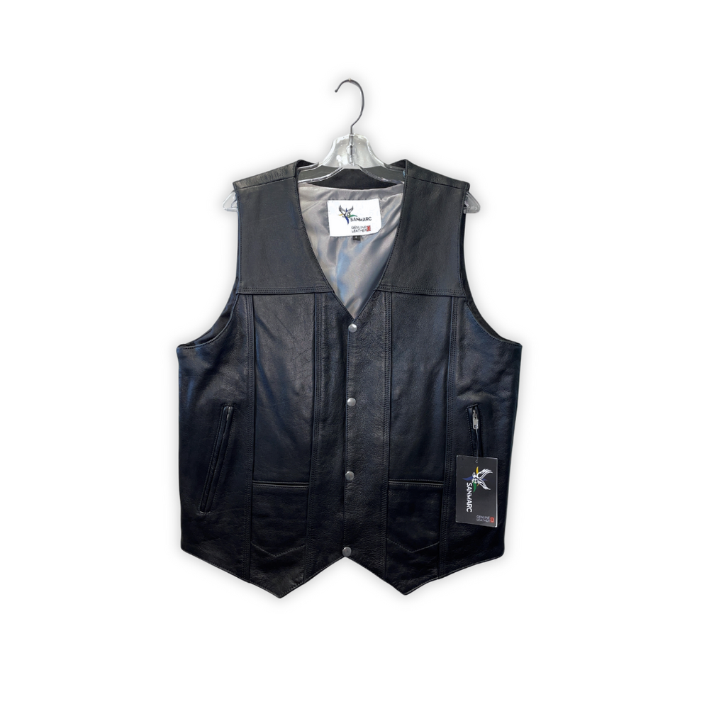 Men's Black V-Neck Motorcycle Vest w/ Snap Closure (S-1884)