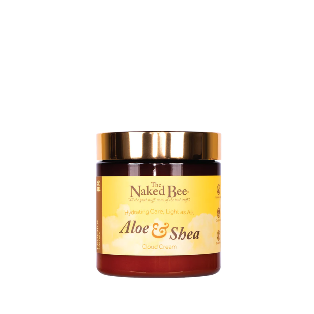 Jar of 'The Naked Bee Aloe & Shea' cream on a white background