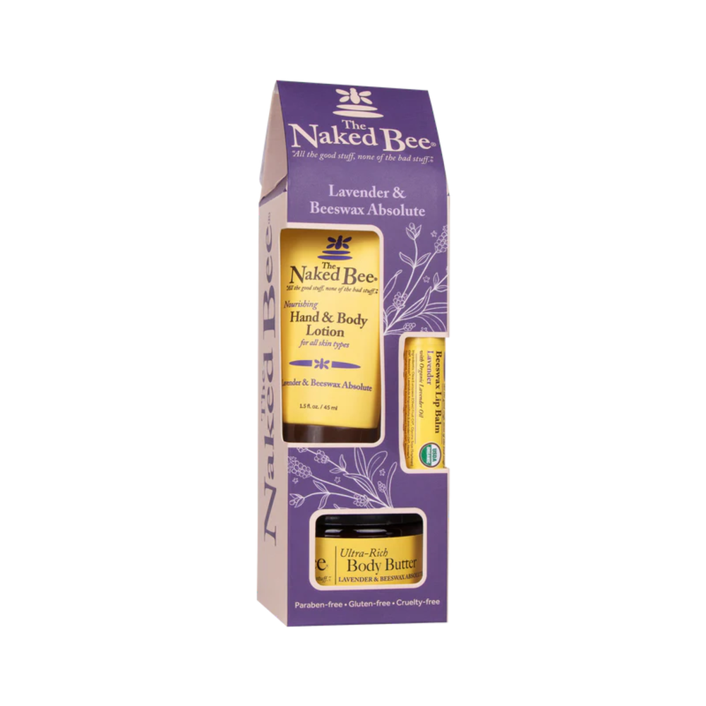 Naked Bee lavender and beeswax product set on a white background