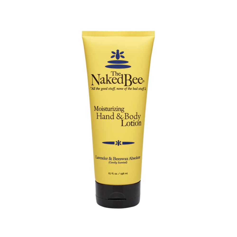 Yellow tube of 'The Naked Bee' moisturizing hand and body lotion on a white background