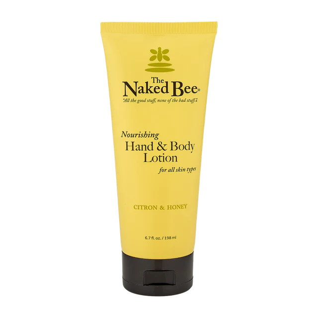 A yellow tube of The Naked Bee Nourishing Hand & Body Lotion with Citron & Honey scent.