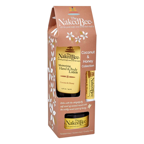 Packaged Coconut & Honey gift collection from The Naked Bee, including hand & body lotion, ultra-rich body butter, and lip balm.