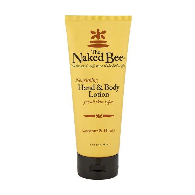 A tube of The Naked Bee Nourishing Hand & Body Lotion in Coconut & Honey scent, 6.7oz size.