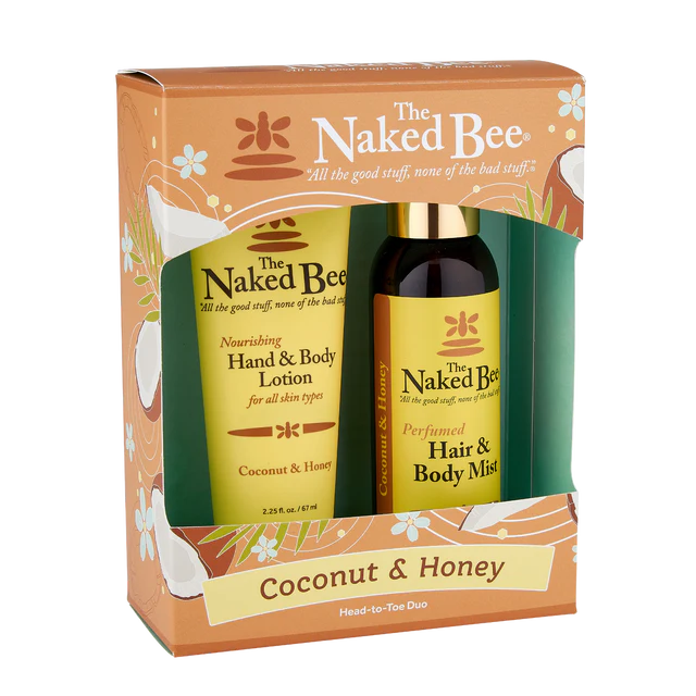The Naked Bee Coconut & Honey head-to-toe duo packaging with lotion and mist bottles.