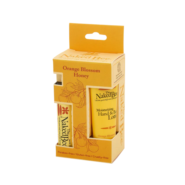 Naked Bee Orange Blossom Honey product packaging with a hand and body lotion.