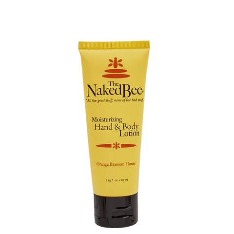 A yellow tube of The Naked Bee Moisturizing Hand & Body Lotion with Orange Blossom Honey.