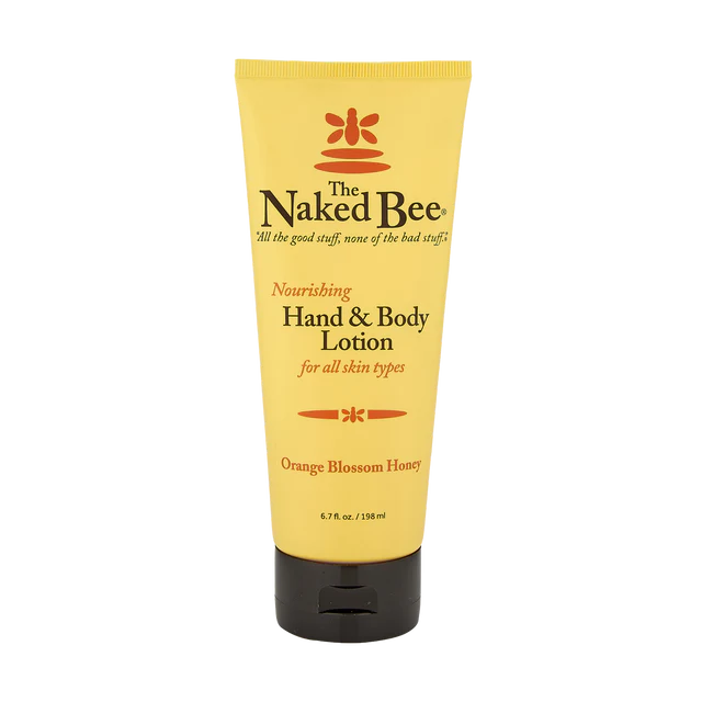 A yellow tube of The Naked Bee Orange Blossom Honey Nourishing Hand & Body Lotion.