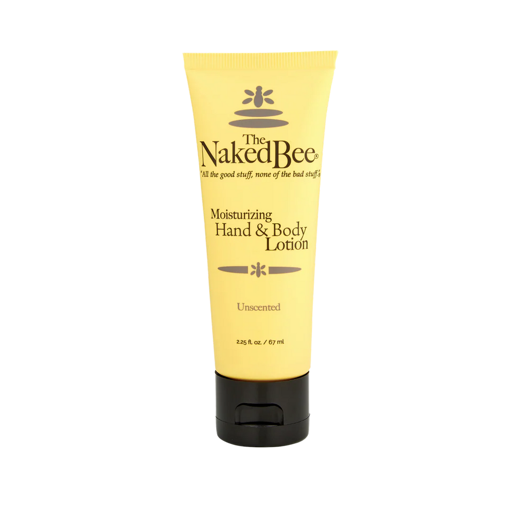 Yellow tube of Naked Bee moisturizing hand and body lotion on a white background
