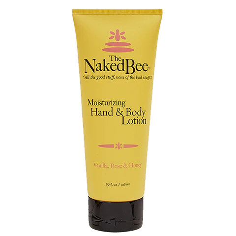 A yellow tube of The Naked Bee Moisturizing Hand & Body Lotion with Vanilla, Rose & Honey scents.