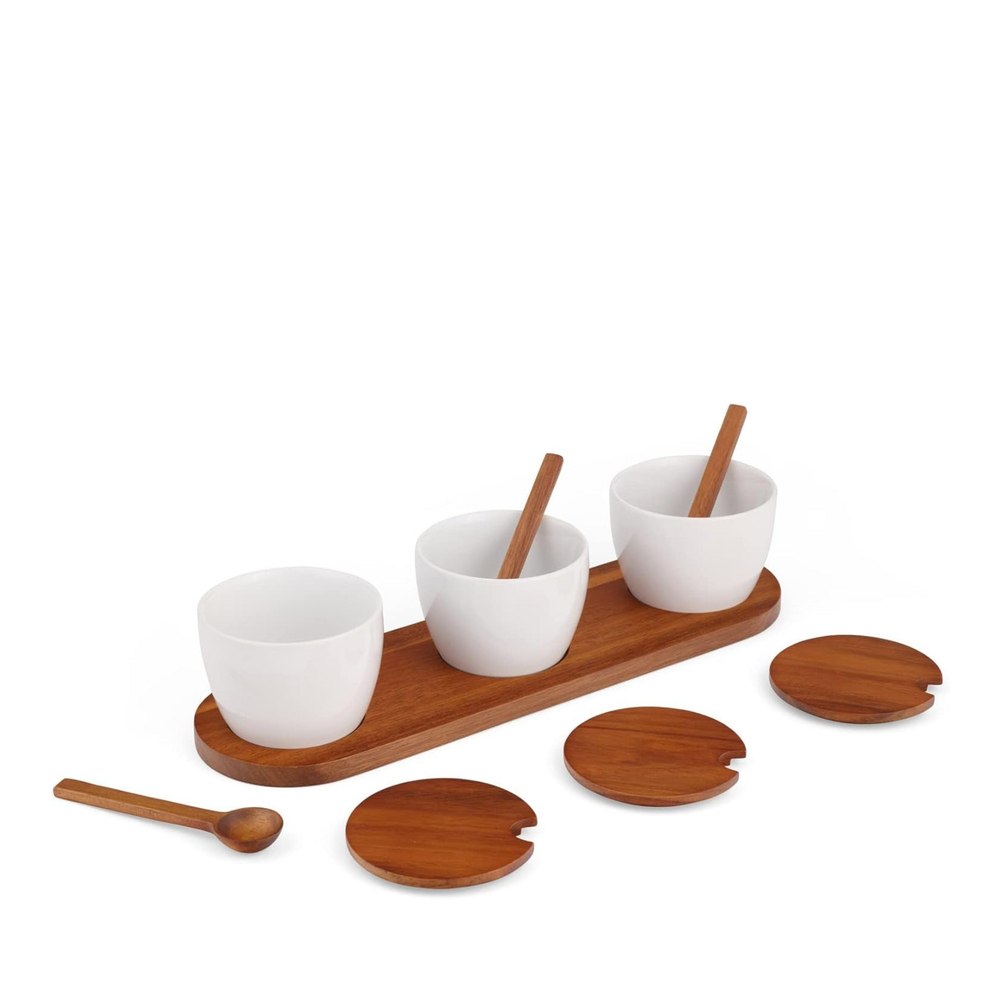 Nambé Duets Triple Condiment Server w/ Lids & Spoons