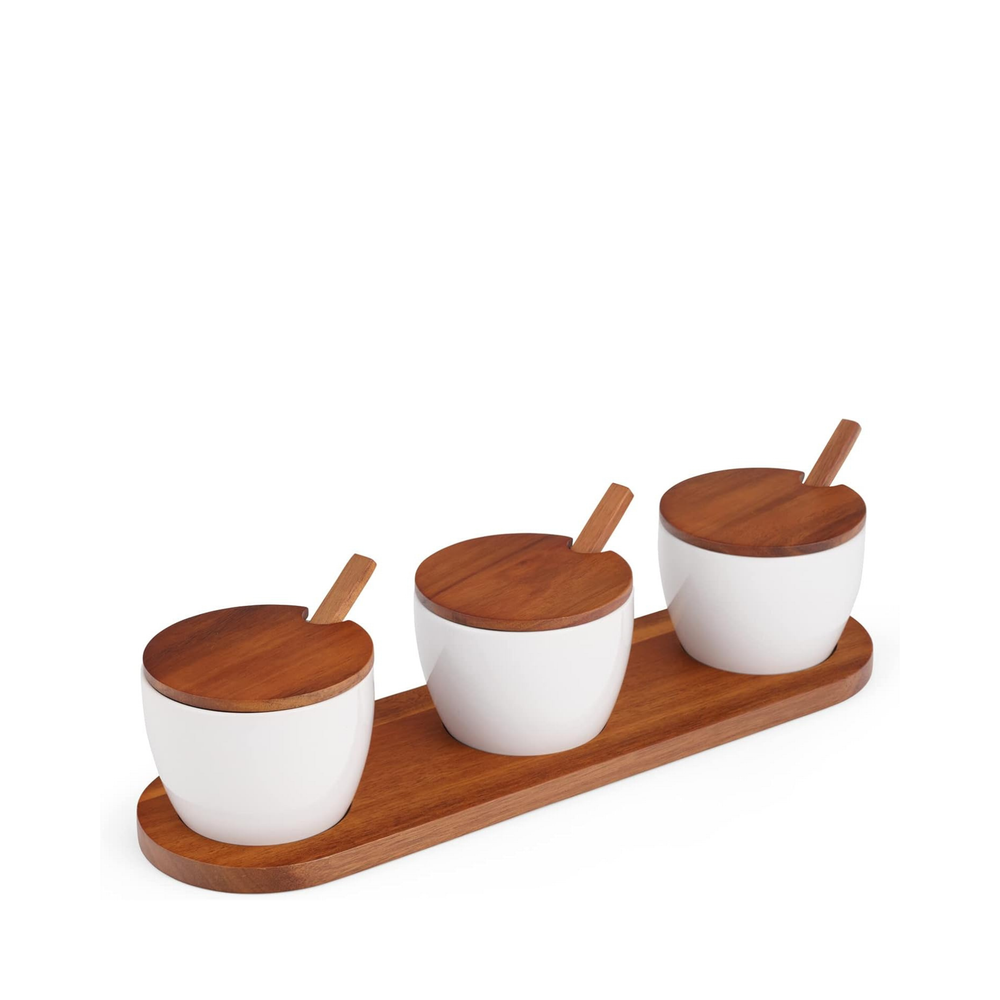 Nambé Duets Triple Condiment Server w/ Lids & Spoons