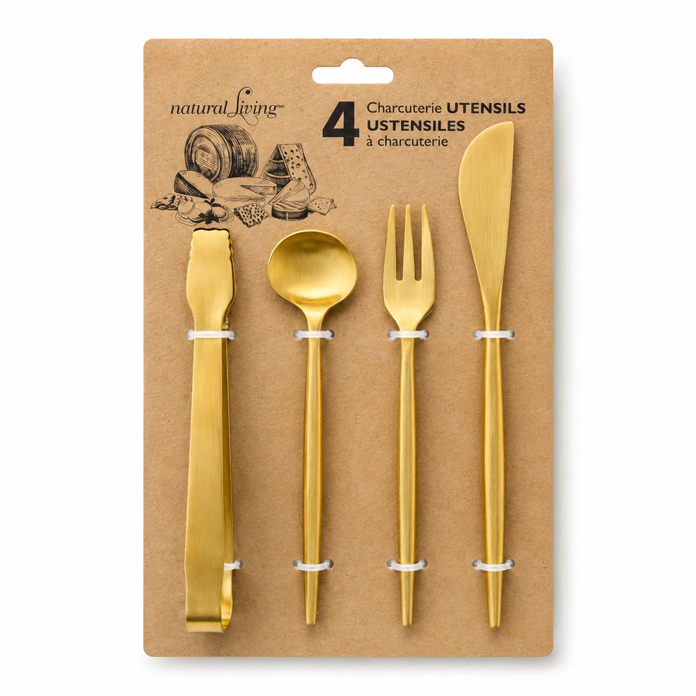 Four utensils in packaging labeled 'natural living' on a white background. 