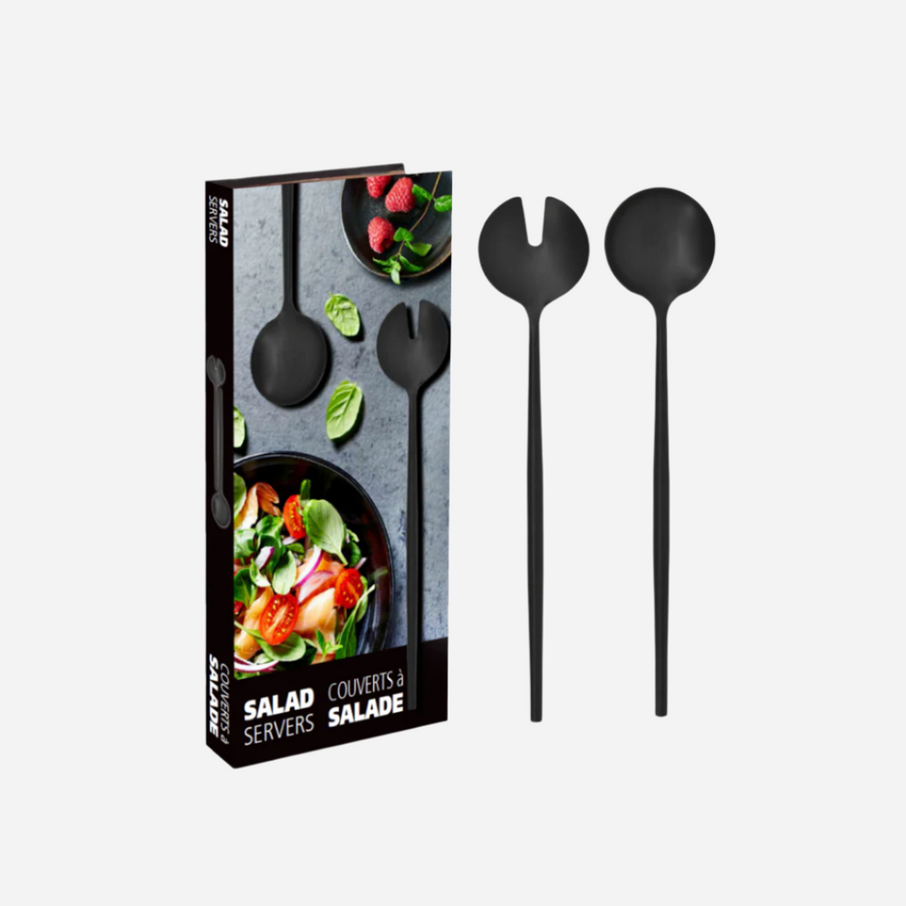 Black salad servers with packaging on a white background