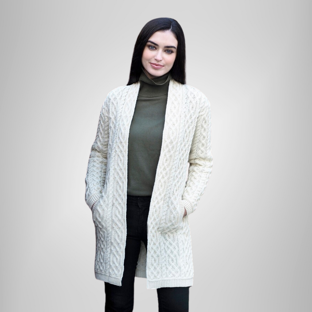 Aran Irish Celtic Braid Edge Open Coat Cardigan - Natural (X4901)