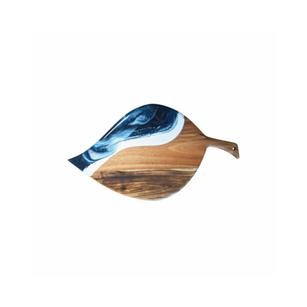 A leaf-shaped cheese board made of acacia hardwood with a navy metallic accent.