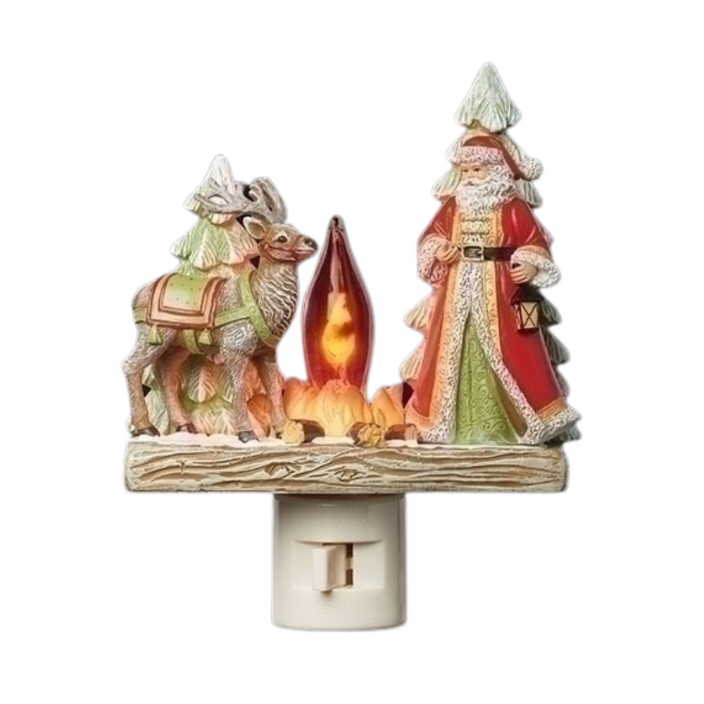 A night light featuring a figurine of Santa Claus riding a reindeer, with a campfire in the center, designed to glow and add a warm atmosphere.