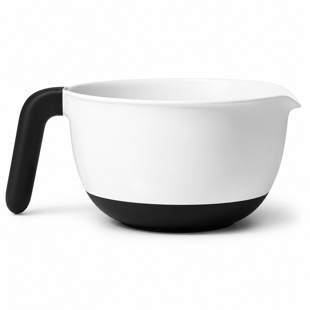 A white mixing bowl with a black handle and a black non-slip base, shown on a clean white background.