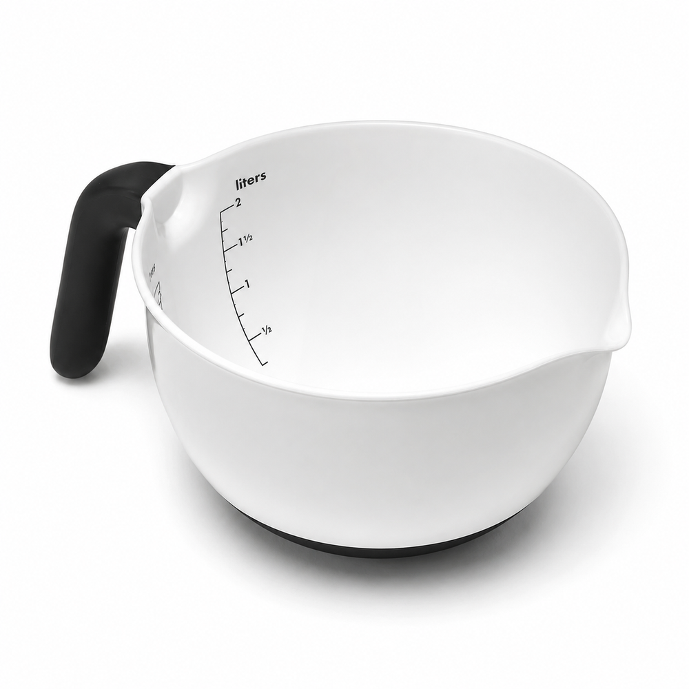 A white plastic measuring bowl with a black handle and black printed measurement markings in liters, shown on a clean white background.