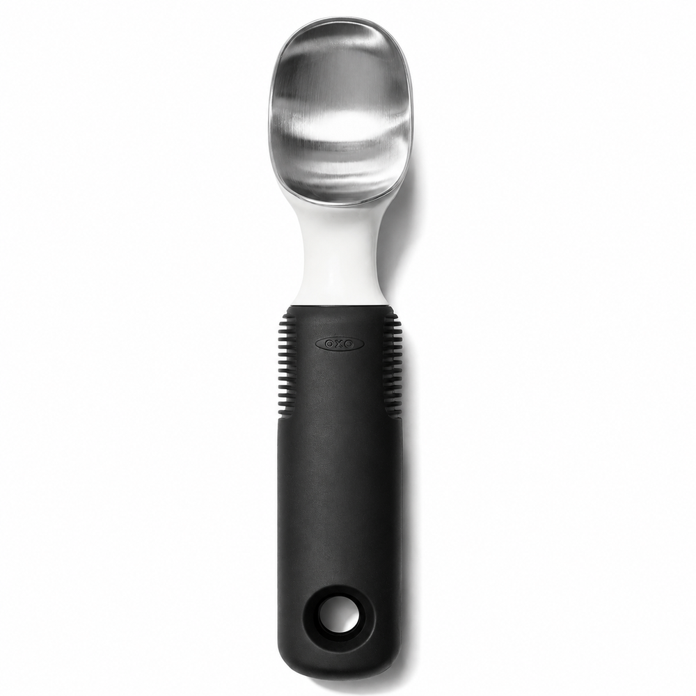A kitchen scoop with a polished stainless steel bowl and a textured black handle, shown vertically on a clean white background.