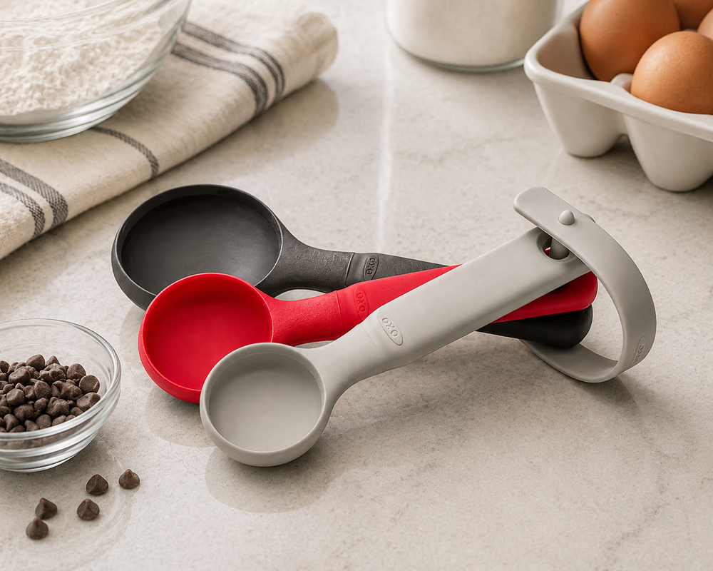 Three silicone measuring cups in gray, red, and black nested together on a light marble countertop, with baking ingredients and eggs nearby.