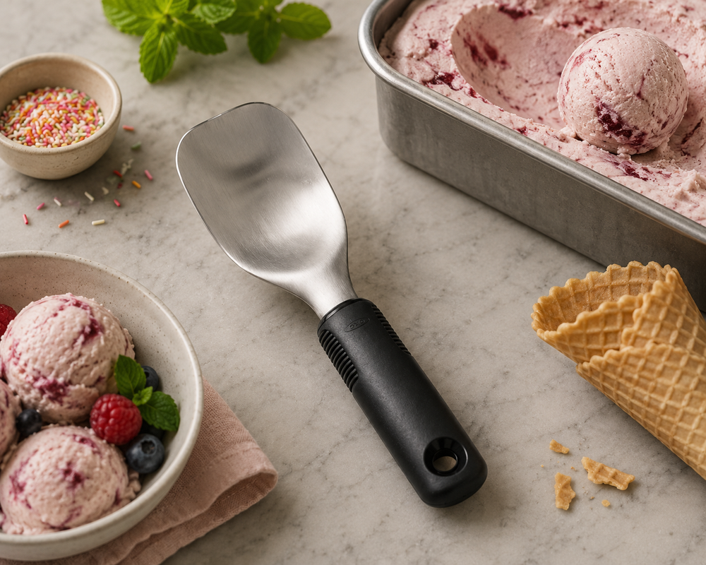 A metal ice cream scoop with a black handle is shown on a light marble surface, surrounded by scoops of berry ice cream in bowls, a waffle cone, sprinkles, mint, and a metal ice cream pan.