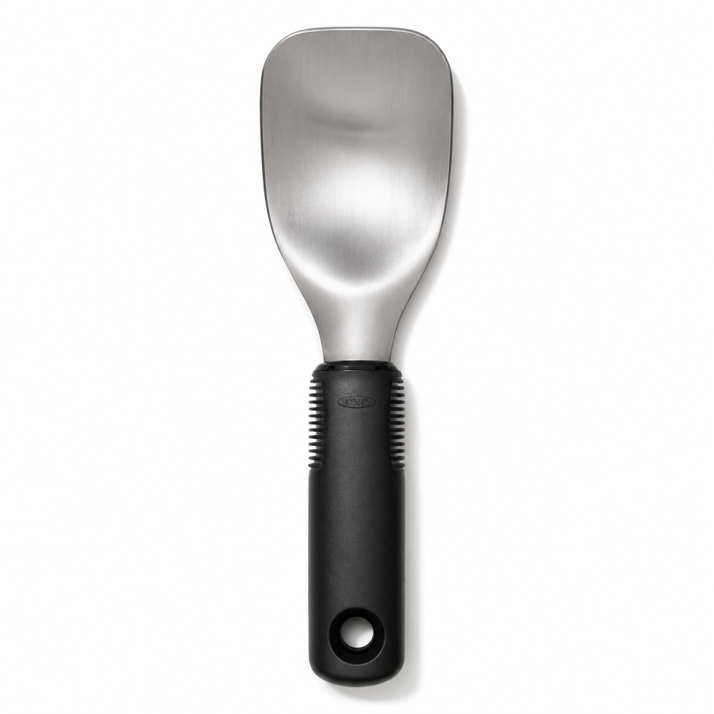 A stainless steel ice cream scoop with a black textured handle, shown vertically against a plain white background.