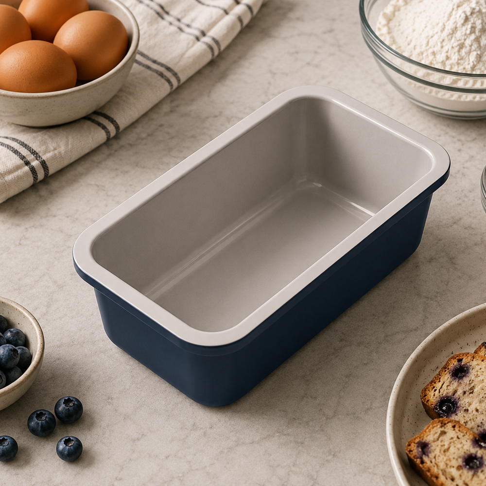 A rectangular loaf pan with a navy blue exterior and a light gray non-stick interior, styled on a marble countertop with baking ingredients including eggs, flour, blueberries, brown sugar, and blueberry bread.