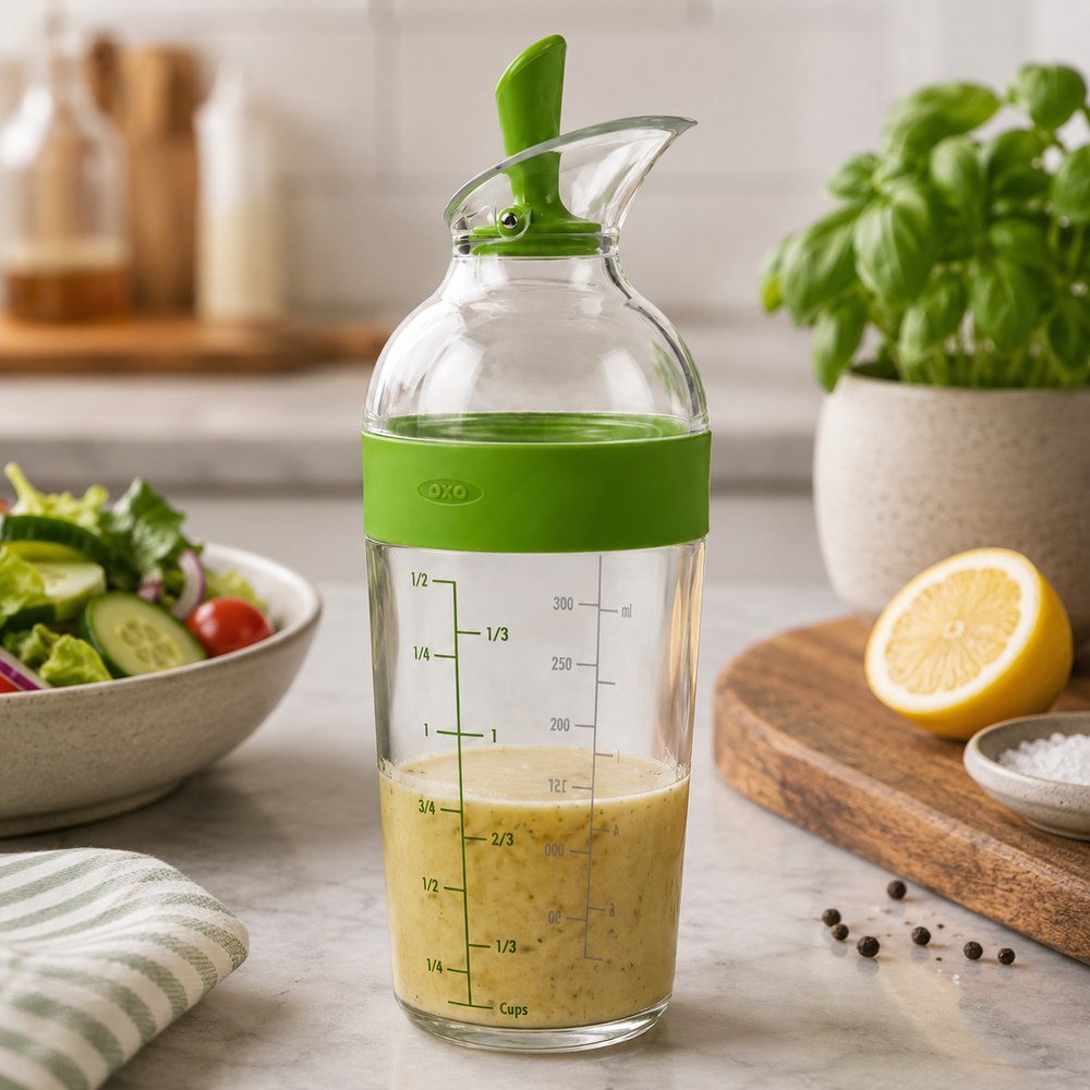 A clear glass oil or dressing bottle with a bright green lid and green measurement markings, filled with yellow dressing, set on a kitchen counter with salad, basil, lemon, and peppercorns in the background.