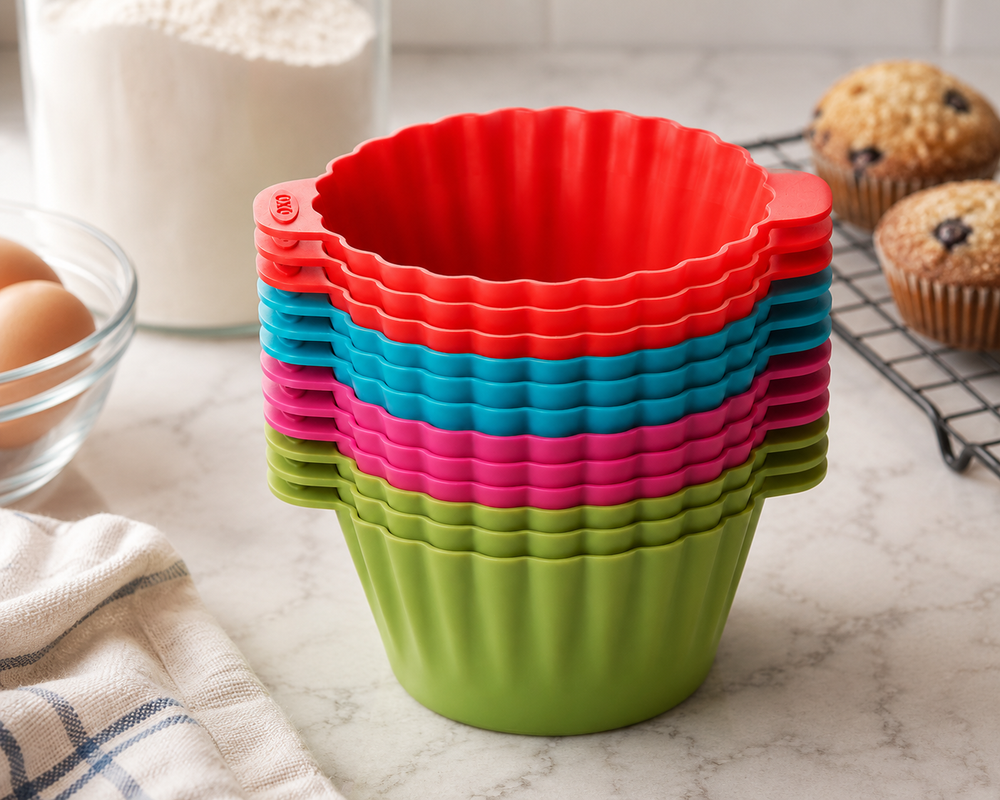 A stack of colorful silicone cupcake molds in green, pink, blue, and red, set on a marble countertop with baking ingredients and muffins in the background.