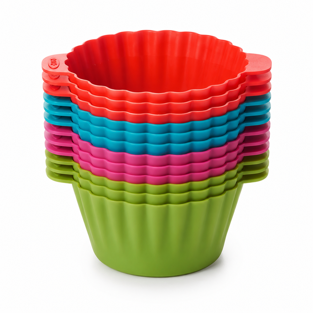 A stack of colorful silicone cupcake molds with handles, including red, blue, pink, and green, arranged on a clean white background.