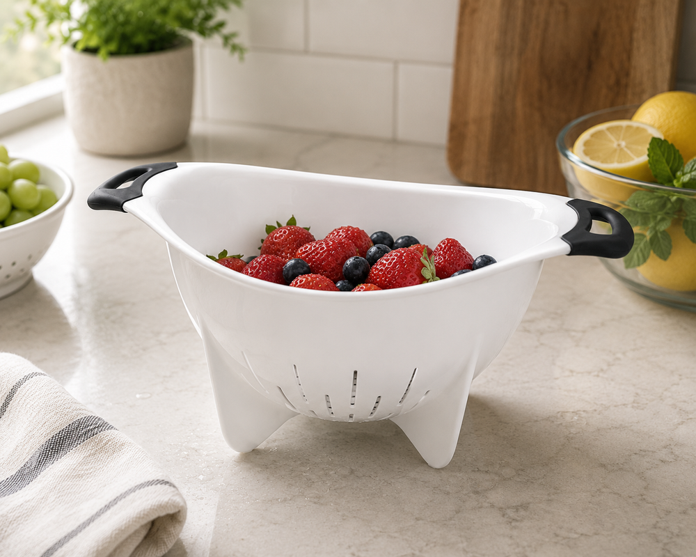 A white colander with black handles sits on a kitchen counter, filled with fresh strawberries and blueberries. The background shows a tiled wall, a wooden cutting board, and other kitchen items.