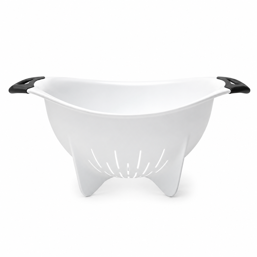 A white plastic bathtub liner with black side handles and a slotted bottom, shown on a clean white background.