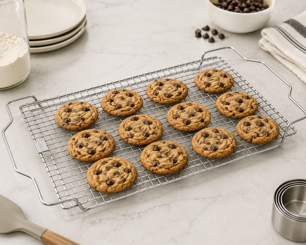 A metal cooling rack holding ten chocolate chip cookies on a light marble countertop, with baking ingredients and utensils nearby.