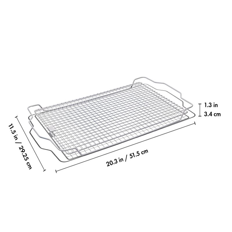 Wire cooling rack with dimensions on a white background