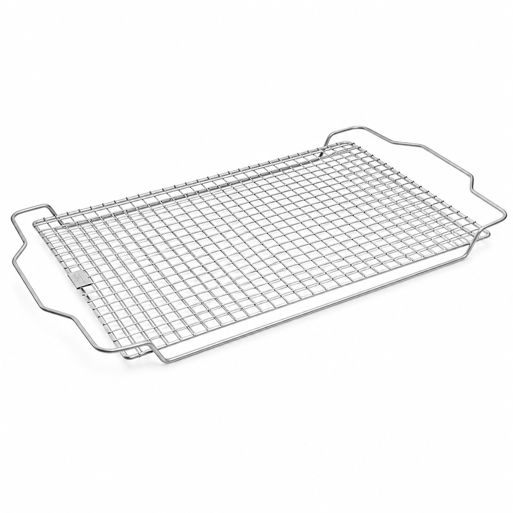 A stainless steel wire cooling rack with four handles, shown on a clean white background.