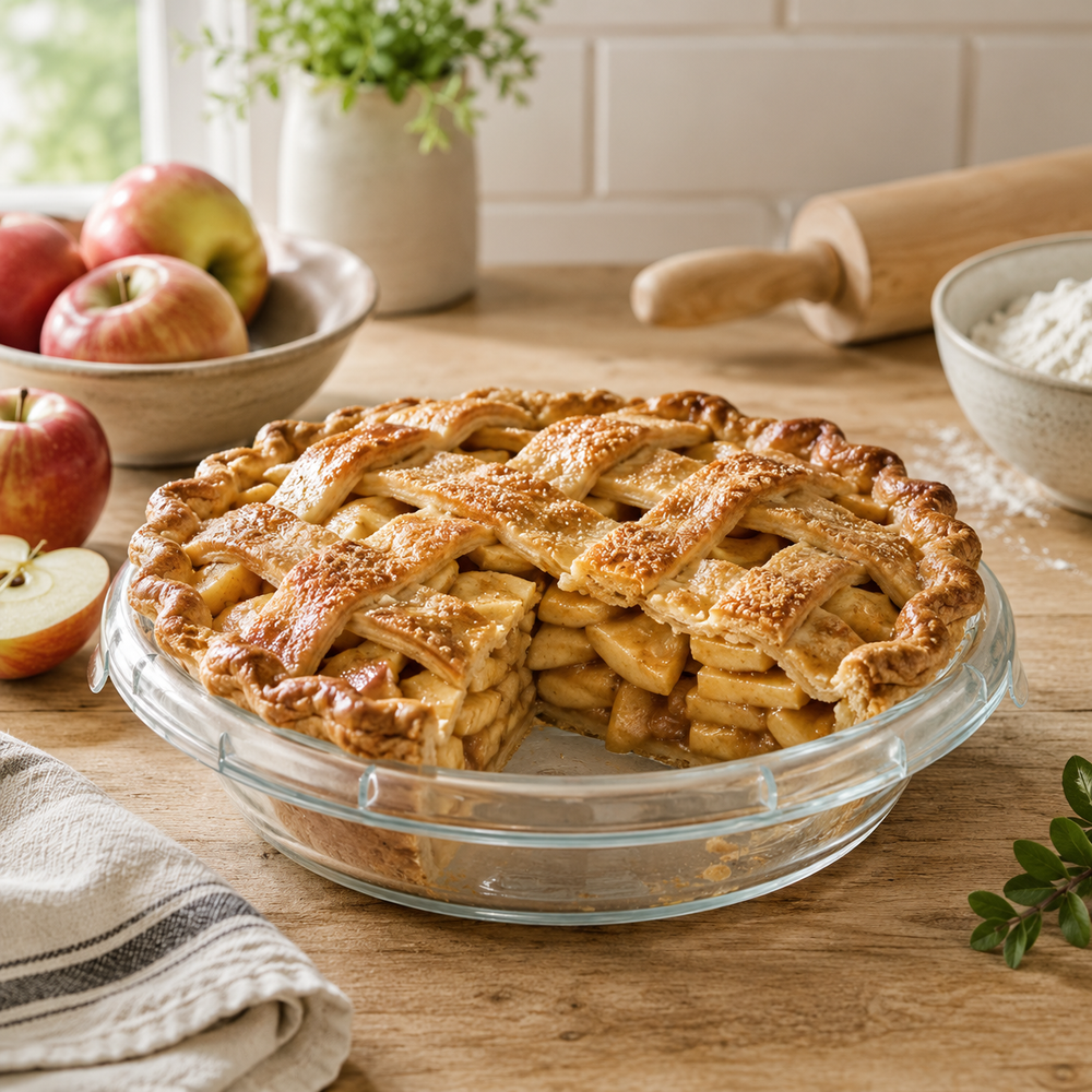 A baked apple pie with a lattice crust sits in a clear glass pie dish on a wooden table, with apples, a rolling pin, flour, and a towel in a kitchen setting.