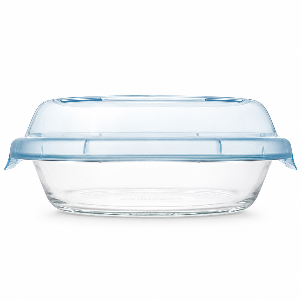 A clear glass storage container with a light blue plastic lid, shown against a plain white background.