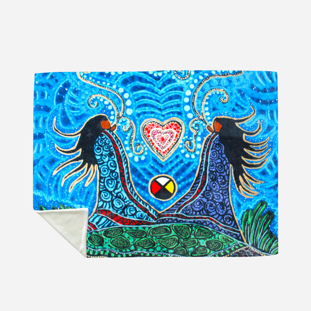 Colorful blanket with two birds and a heart design on a blue background