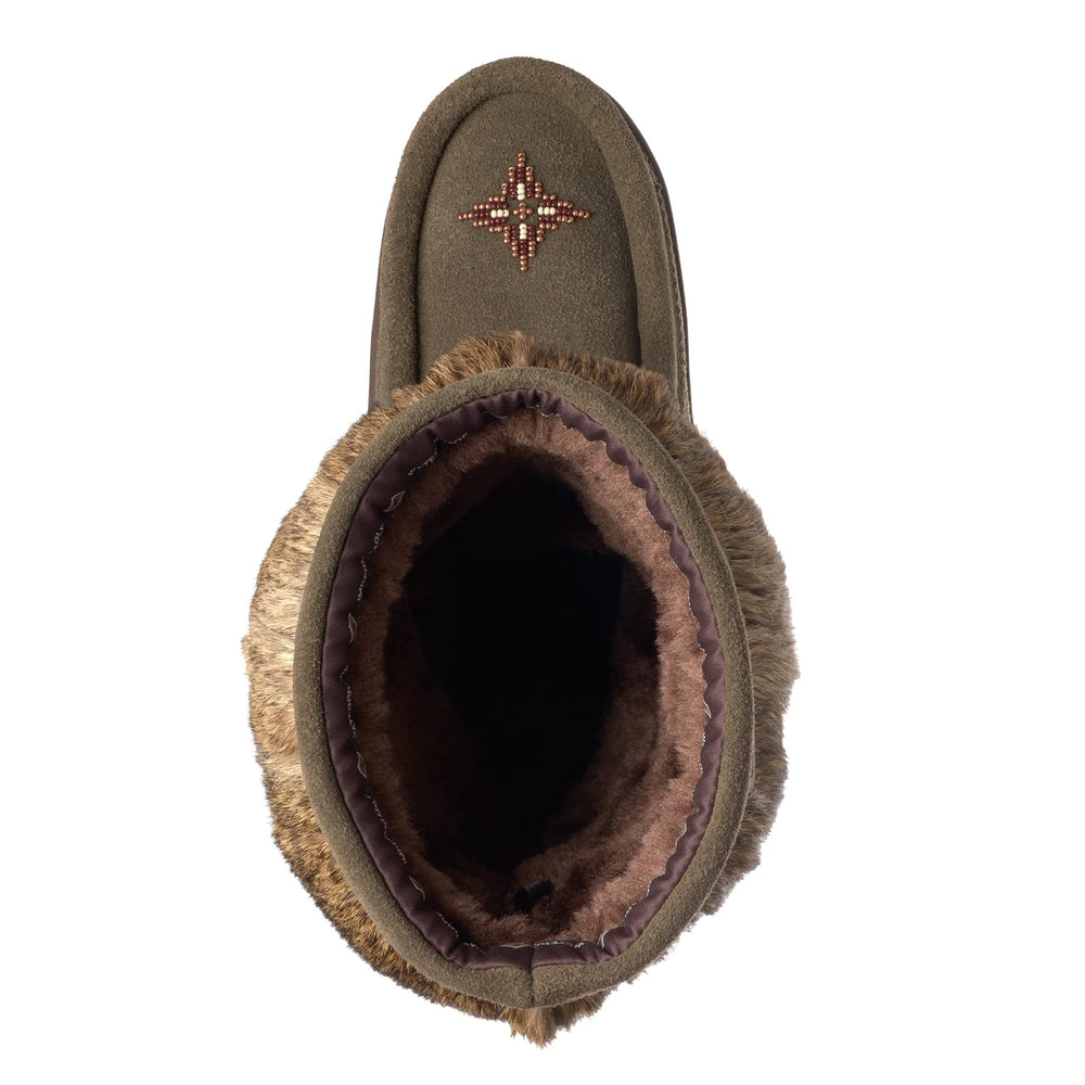 Top view of dark olive fur-lined boot with beaded detailing on the toe. 