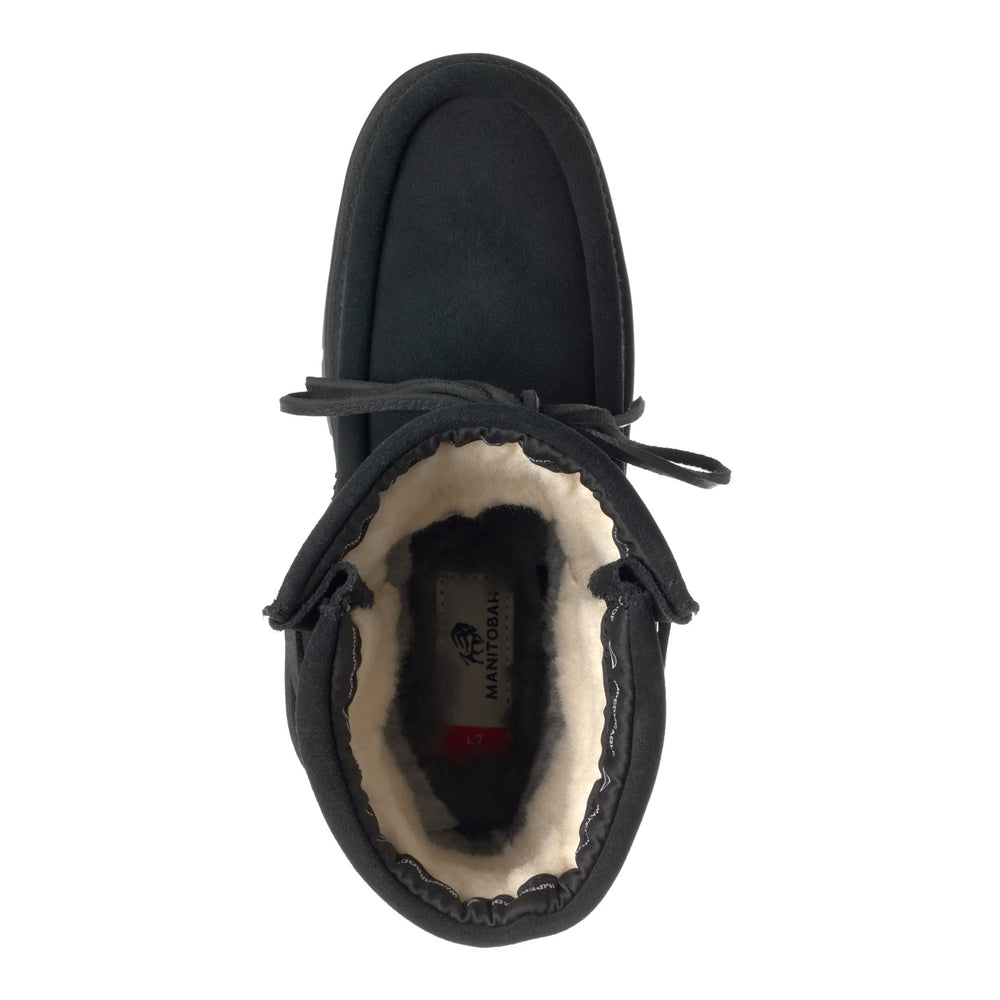 Top view of black suede boot with visible laces and a soft, white furry lining. 