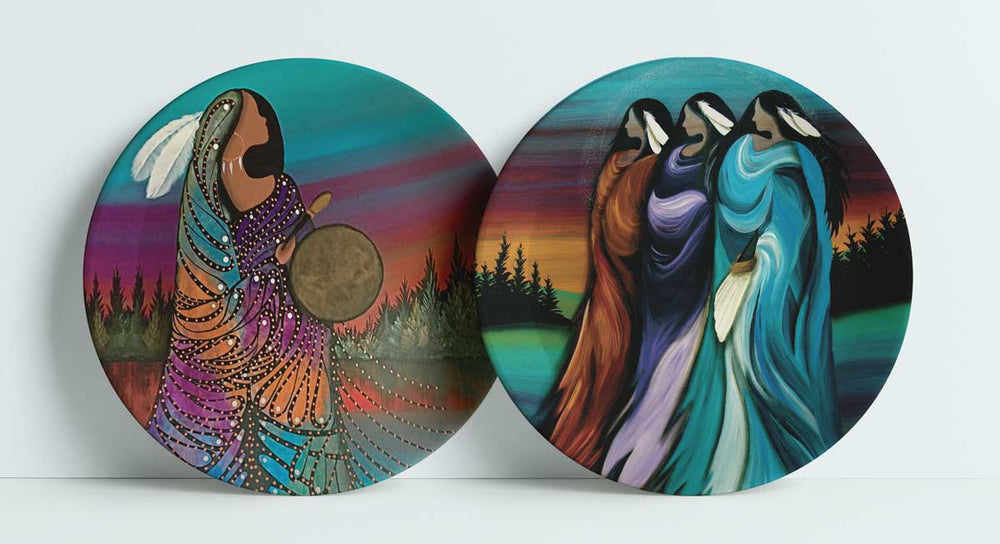 Indigenous Art Plate set of 2 / Three Sisters & Aurora Drummer