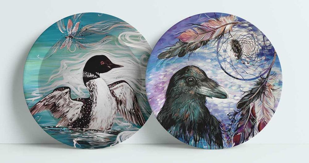 Indigenous Art Plate set of 2 / Raven Dream Catcher & Loon with Dragonfly