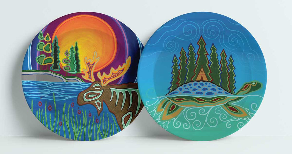 Indigenous Art Plate set of 2 / Turtle Island & Spirit of Mooz